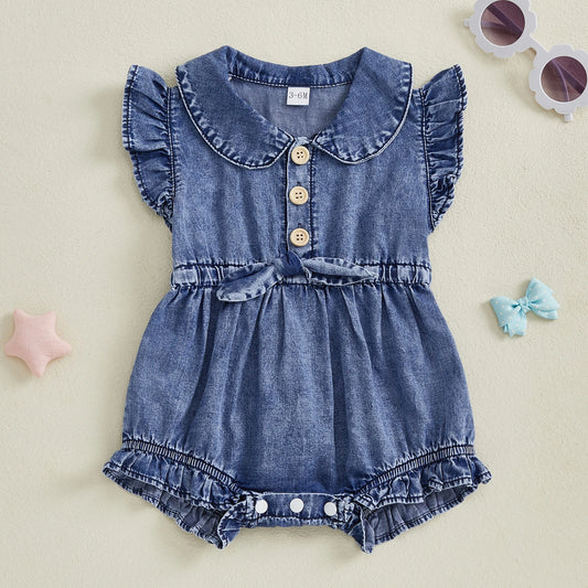 Baby Girl Denim Onesie  Fly Sleeve, Button-Up Bodysuit