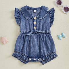 Baby Girl Denim Onesie Fly Sleeve, Button-Up Bodysuit