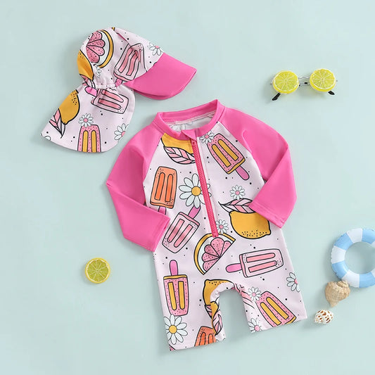 Baby Girl 2-Piece Rash Guard Swimsuit with Hat