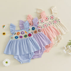 Baby Girl Summer Crochet Flower Tops + Shorts Set