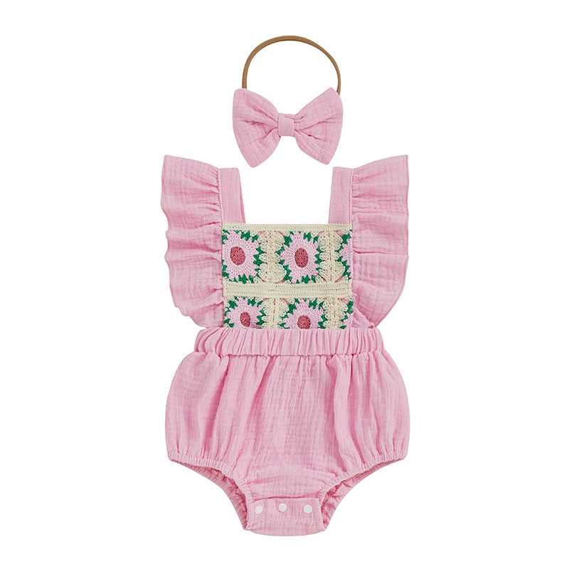 Summer Baby Girl Crochet Romper | Bow Headband