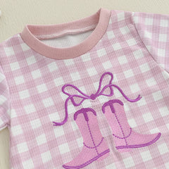 Baby Girls Western Boots Embroidered Plaid Short-Sleeve Onesie