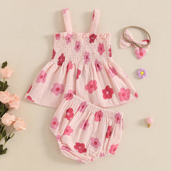 Baby Girl Floral Smocked Top, Shorts & Bow Headband Set