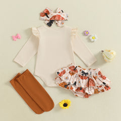 Baby Girl Pumpkin Romper, Tiered Shorts, Leg Warmers & Headband Halloween Set
