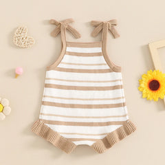Baby Girl Sleeveless Bow Strap Ruffle Striped Ribbed Romper