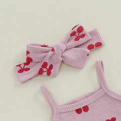 Baby Girl Cherry Print Romper & Shorts Set with Headband