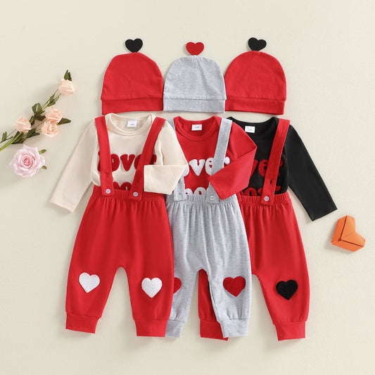 Baby Boy Valentine’s Embroidered Romper, Suspender Pants, and Hat