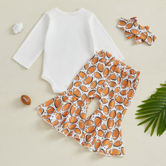 Baby Girl Romper, Flare Pants & Headband Set Football Outfit