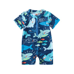 0-18M Infant Kids Boy Shark Printed Short Sleeve Zipper Jumpsuit Swimwear
