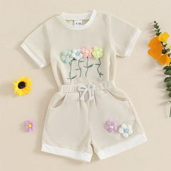 Toddler Girl Waffle Set with 3D Flower Top & Stretchy Shorts