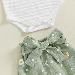 Baby Girl Ruffled Sleeve Romper, Daisy Shorts, Bow Headband & Belt Summer Set