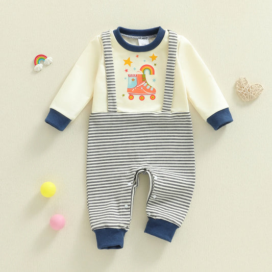 Baby Girls Striped Long Sleeve Crew Neck Autumn Jumpsuit Romper