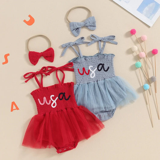 Baby Girl 4th of July Letter Print Romper Dress and Headband Set