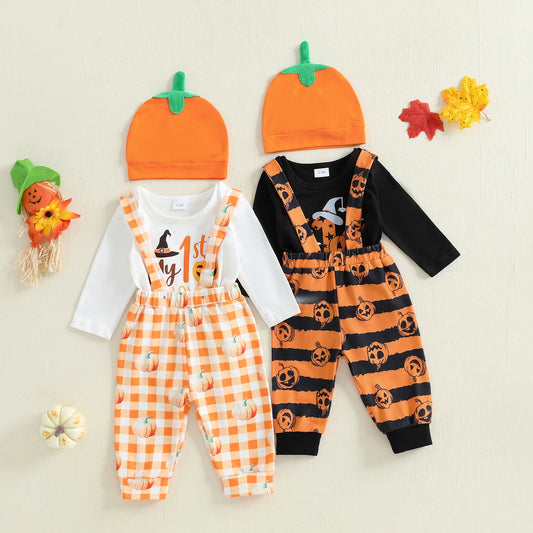Newborn Baby Boy Pumpkin Romper, Pants & Beanie Halloween Outfit