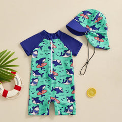 Baby Boy Rash Guard Zip-Up Swimsuit with Sun Hat