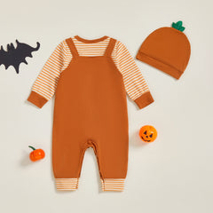 Baby Boy Striped Romper, Pumpkin Bat Pants & Hat Halloween Set