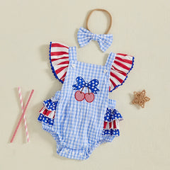 Baby Girls Patriotic Casual Cherry Embroidery Plaid Fly Sleeves Jumpsuit and Headband Set