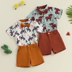 Toddler Baby Boy Western Print Shirt, Bow Tie & Shorts Gentleman Outfit