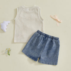 Baby Girl Sleeveless Bow Front Tank + Denim Shorts Outfit