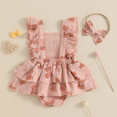 Baby Girls Sleeveless Tiered Bear Print Dress with Headband