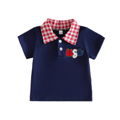 Baby Boy Letter Embroidered Plaid Collared 4th of July Shirt