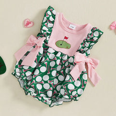 Baby Girl Ruffle Sleeveless Golf Ball Print Bow Romper