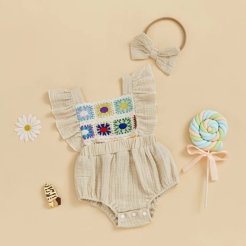 Summer Baby Girl Crochet Romper | Bow Headband