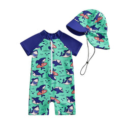 Baby Boy Rash Guard Zip-Up Swimsuit with Sun Hat