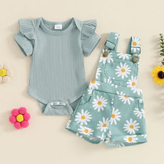 Baby Girl Flower Print Onesie & Suspender Shorts Set