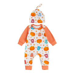Baby Girl Ghost & Pumpkin Print Romper , Long Sleeves, and Matching Hat