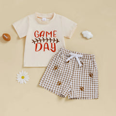 Toddler Baby Boy Letter Print Tee & Plaid Shorts 2-Piece Football Outfit