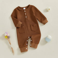 0–18M Unisex Baby Solid Color, Long Sleeve, Button-Up Romper