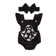 Newborn Girl Fly Sleeve Halloween Ghost Onesie with Hairband