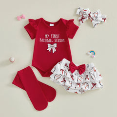 Baby Girl Letter Bow Print Baseball Season Outfit