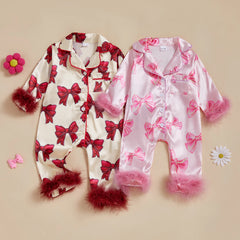 0-24M Baby Girl Bow Print Furry Romper Pajamas