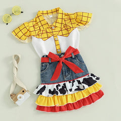 Baby Girls Plaid Print Cow Pattern Ruffles Patchwork Denim Skirt Outfit