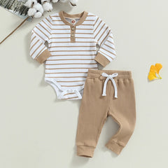 Autumn Baby Boy Long Sleeve Striped Print Romper + Pants Set
