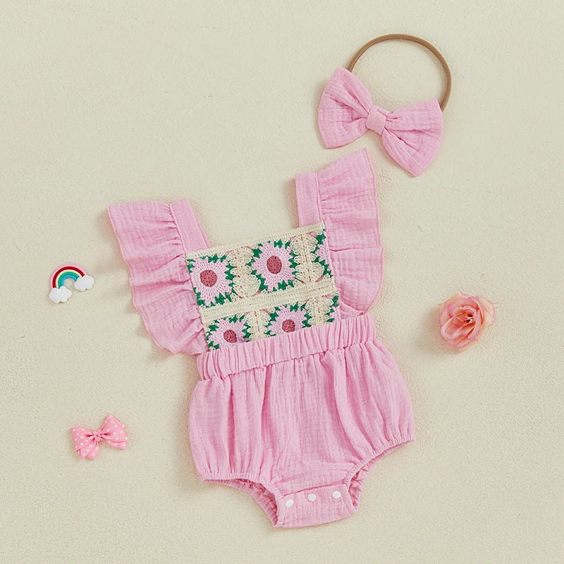 Summer Baby Girl Crochet Romper | Bow Headband