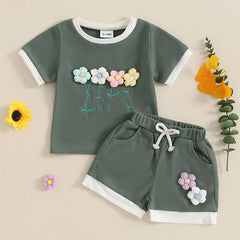 Toddler Girl Waffle Set with 3D Flower Top & Stretchy Shorts