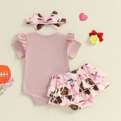 Baby Girl Letter Print Romper, Bow Shorts & Headband Summer Outfit