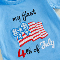 Baby Girls Letter Embroidery Romper and Plaid Bow 4th of July Outfit