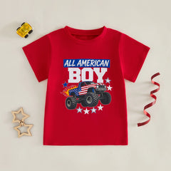 Baby Boys Round Neck Truck Flag Fourth of July T-Shirts
