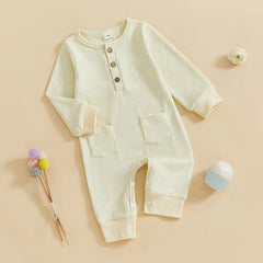 0–18M Unisex Baby Solid Color, Long Sleeve, Button-Up Romper