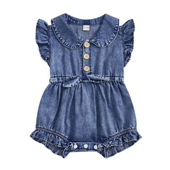 Baby Girl Denim Onesie Fly Sleeve, Button-Up Bodysuit