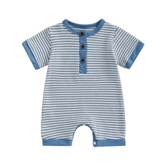 Unisex Newborn Short Sleeve Crewneck Button Front Stripes Print Romper Playsuit