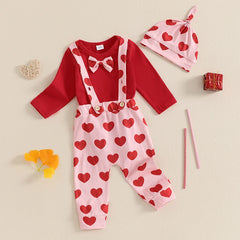 Baby Boy Long-Sleeve Romper, Suspender Pants, and Hat Valentine’s outfit