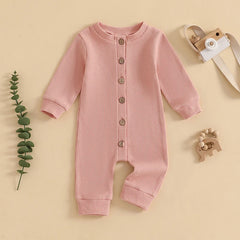 Unisex Waffle Knit Solid Color, Long Sleeve, Button Down Baby Romper