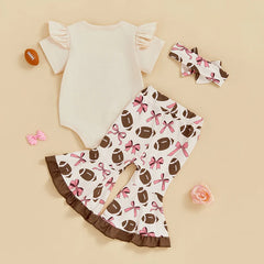 Baby Girl Bow Rugby Print Romper Set with Flare Pants & Headband