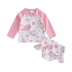 Baby Girl Seashell & Seahorse Print Rash Guard Swimsuit