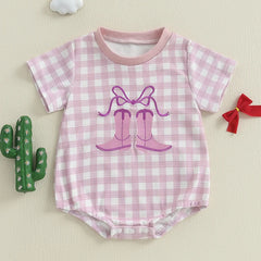 Baby Girls Western Boots Embroidered Plaid Short-Sleeve Onesie